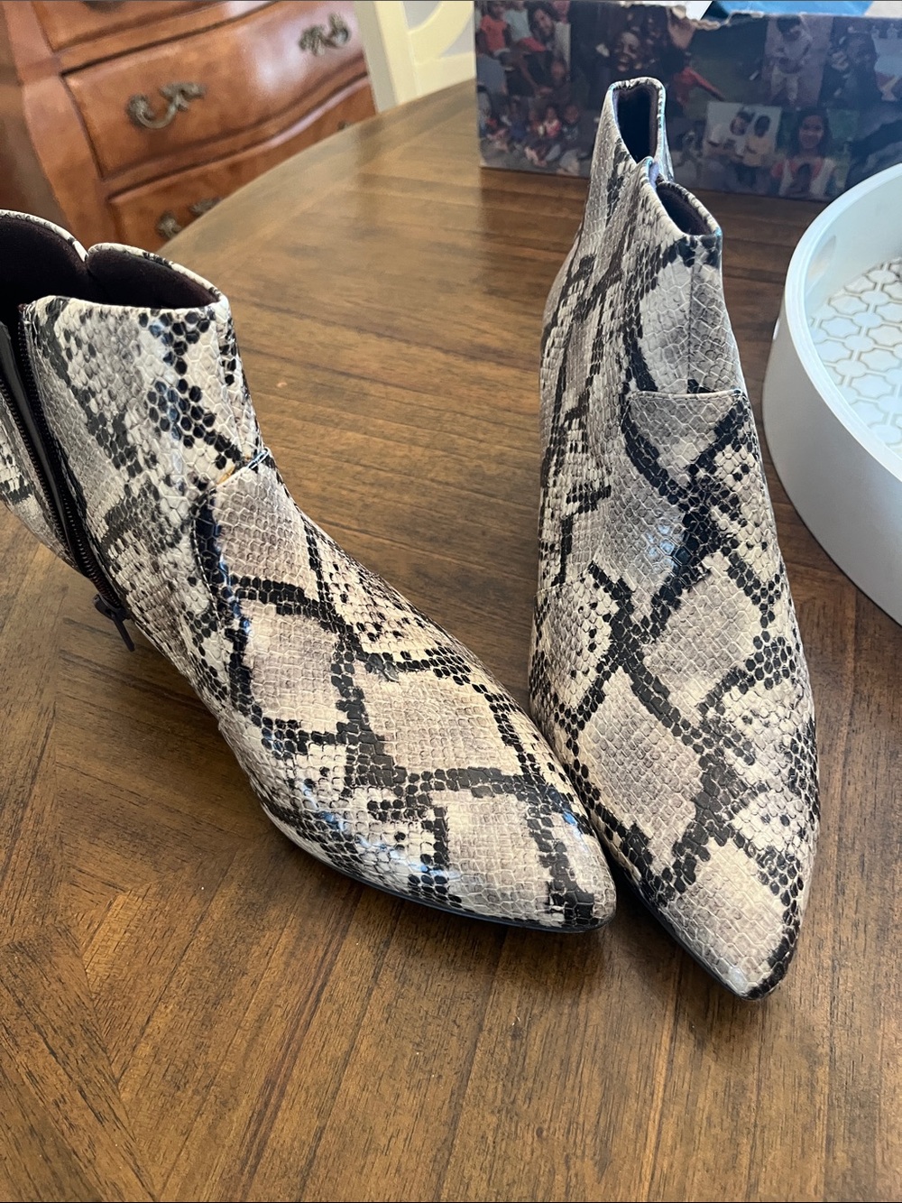 Clarks Snake Print Pointed Toe Ankle Booties in Brown and Cream